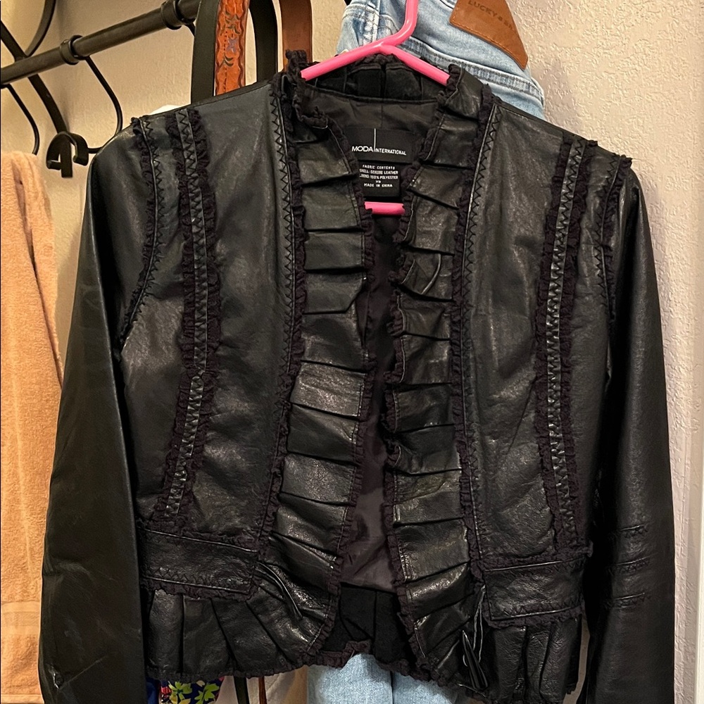 Moda International Ruffled Black Leather and lace Jacket